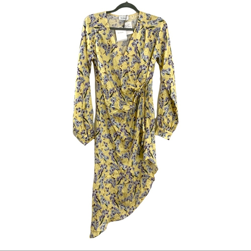 Art Dealer Yellow Dress Long Sleeves Midi Silk Size Medium Wrap Floral Womens